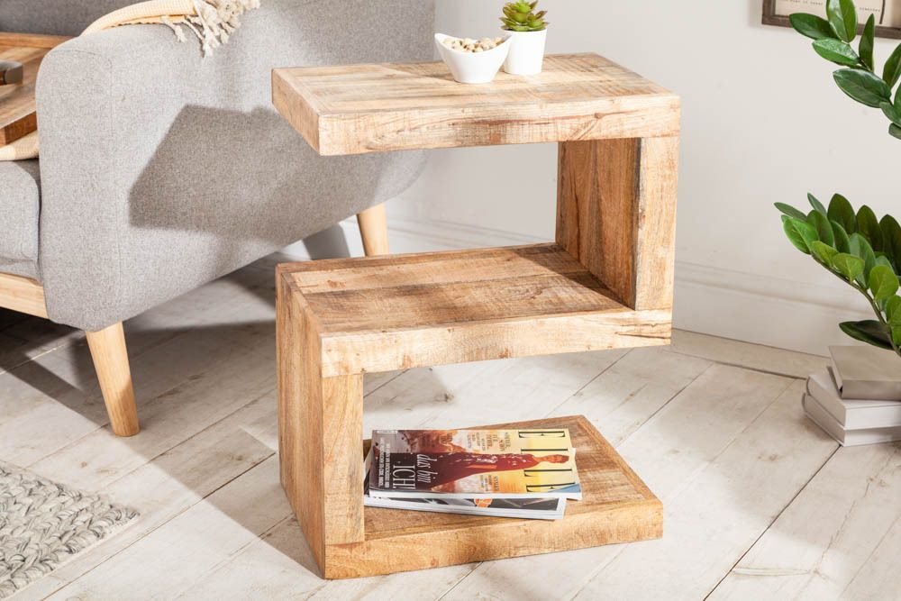 Handgearbeiteter Beistelltisch S 60cm Mango Massivholz mit Ablage variabel stellbar
