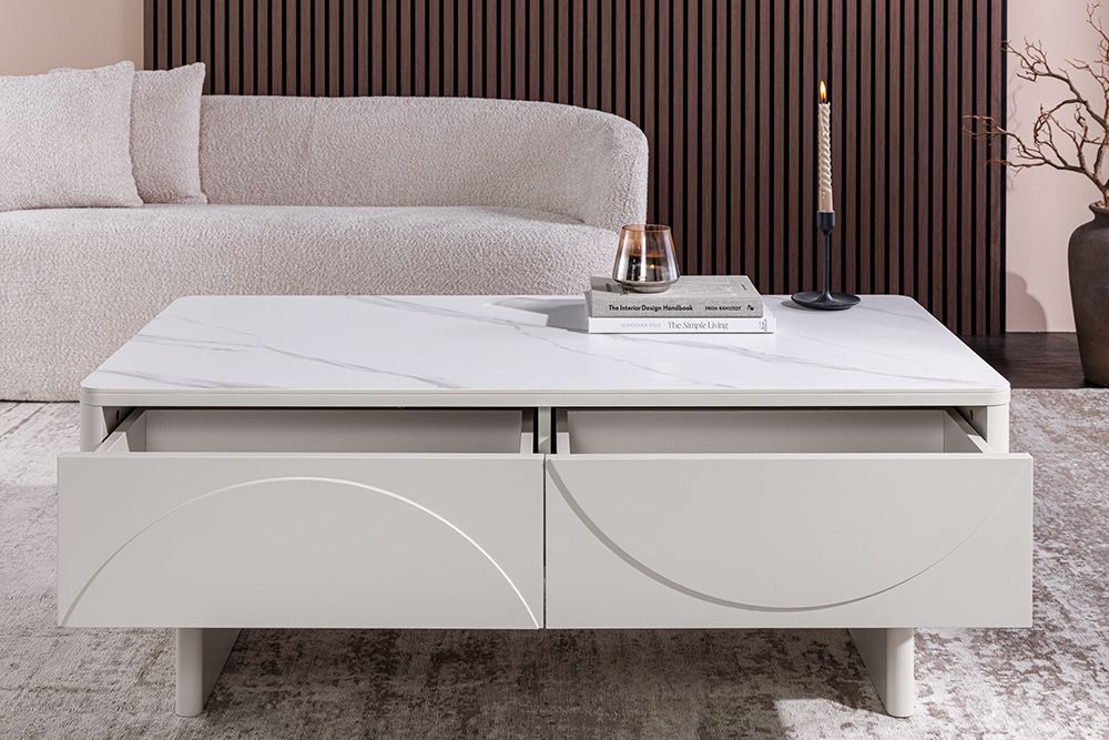 Design Couchtisch SAVOY 120cm kaschmir weiß Keramik Marmor mit Schubladen