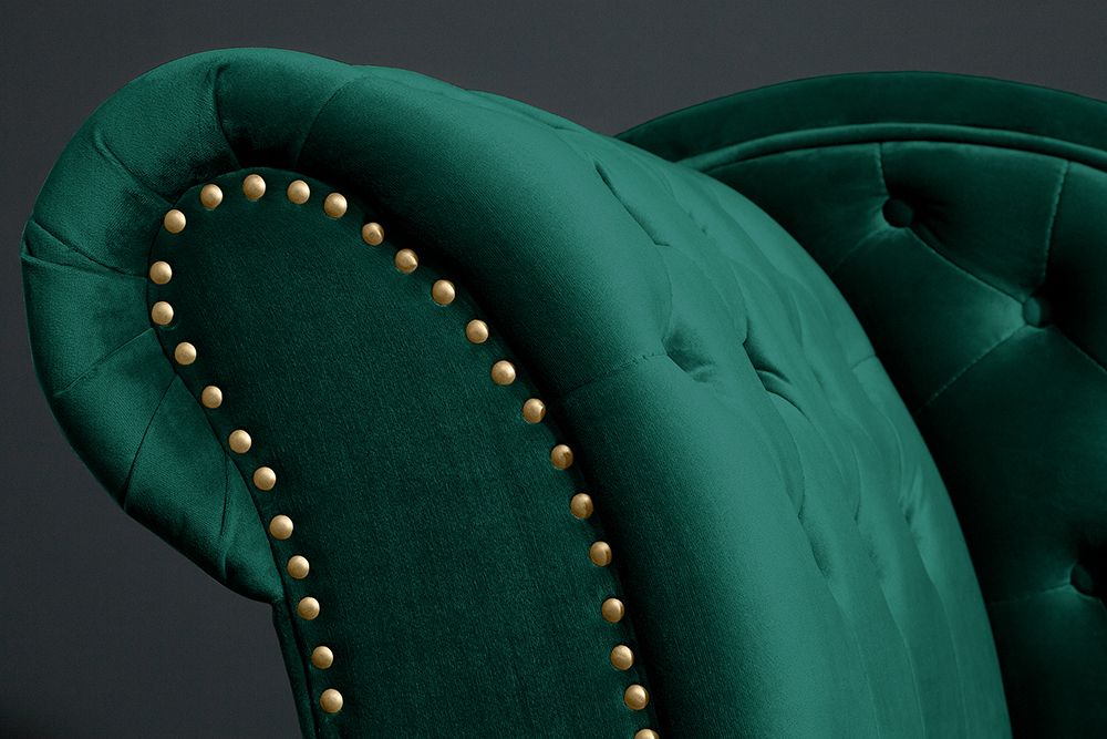 Design Récamière CHESTERFIELD 170cm smaragdgrün Samt Knopfheftung Nietenbesatz