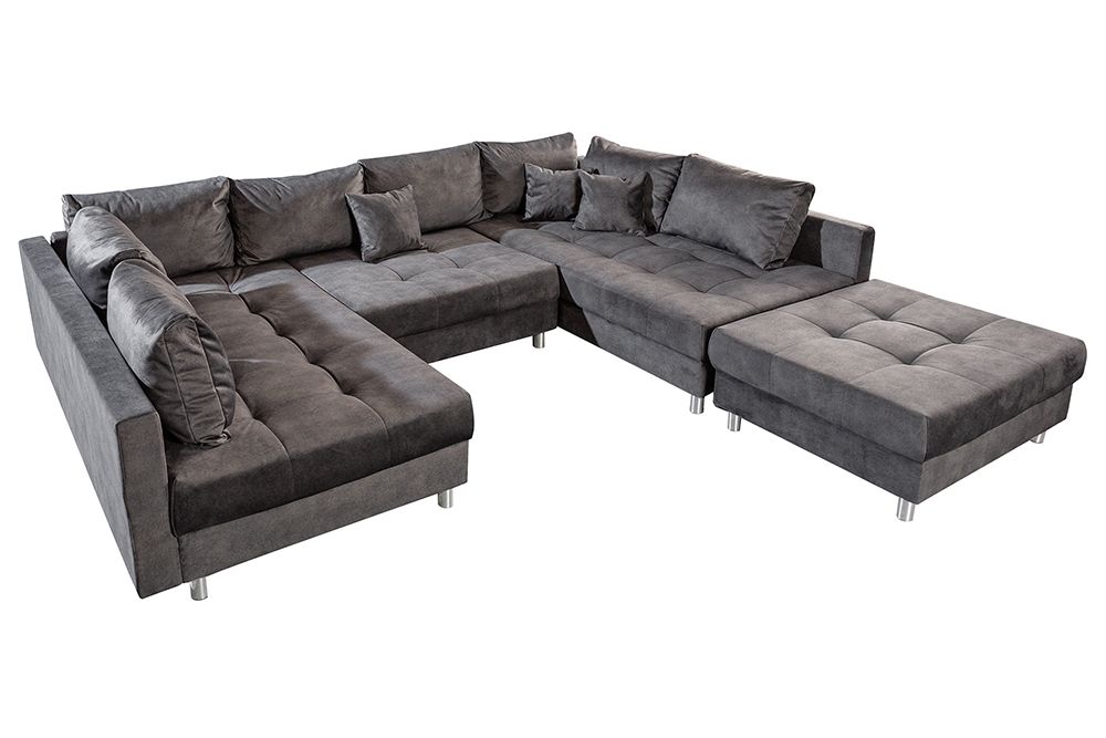 Moderne XXL Wohnlandschaft KENT 305cm grau Samt Bigsofa inkl. Hocker Federkern