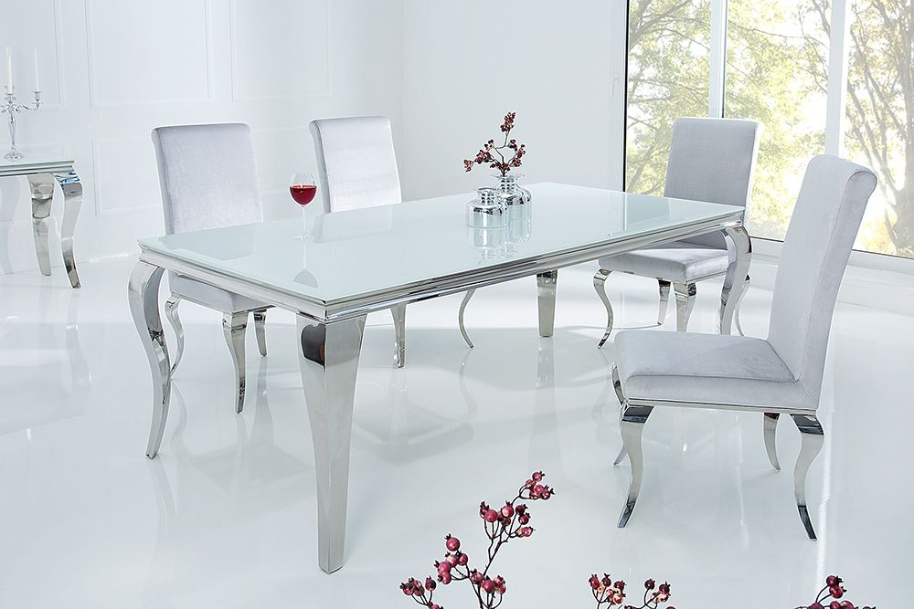 Eleganter Design Esstisch MODERN BAROCK 180cm weiß Opalglas Tischplatte Edelstahl