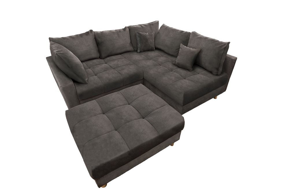 Moderne Wohnlandschaft KENT 220cm grau Samt Ecksofa Federkern inkl. Hocker und Kissen