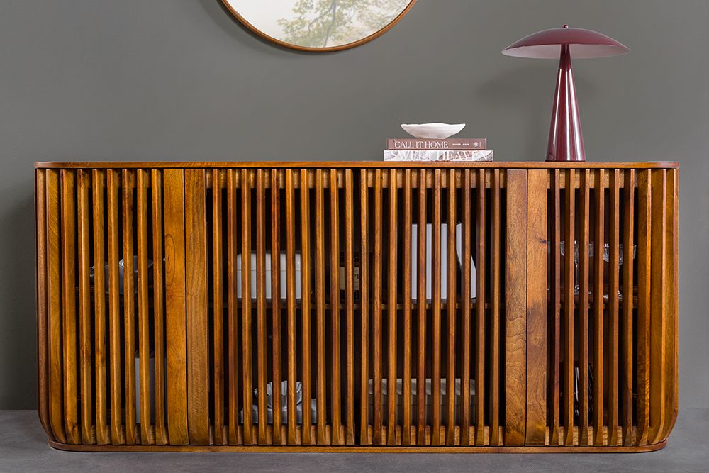 Massives Sideboard SCULPTURA 170cm braun Mangoholz mit abgerundeter Lamellenfront