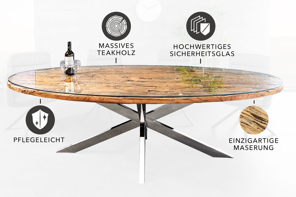 Massiver Esstisch BARRACUDA 220cm braun Teakholz silber Sterngestell Glasplatte