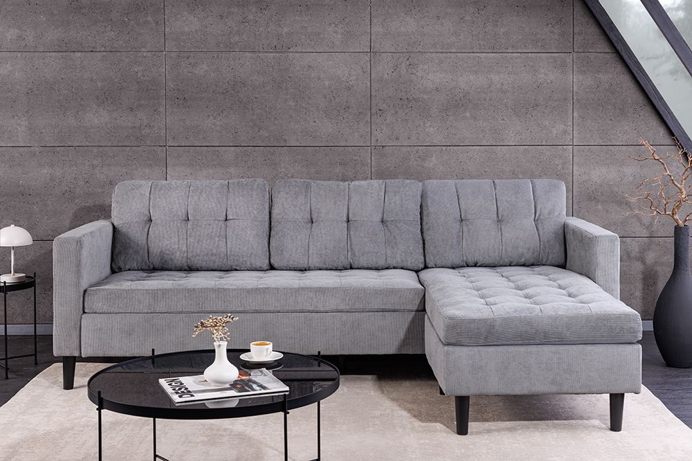 Modernes Ecksofa STOCKHOLM 220cm grau Cordstoff Federkern 3-Sitzer-Sofa
