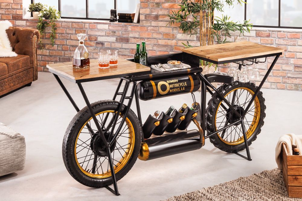 Industrial Konsolentisch MOTORCYCLE 185cm Mangoholz schwarz Motorrad Bartheke Upcycling