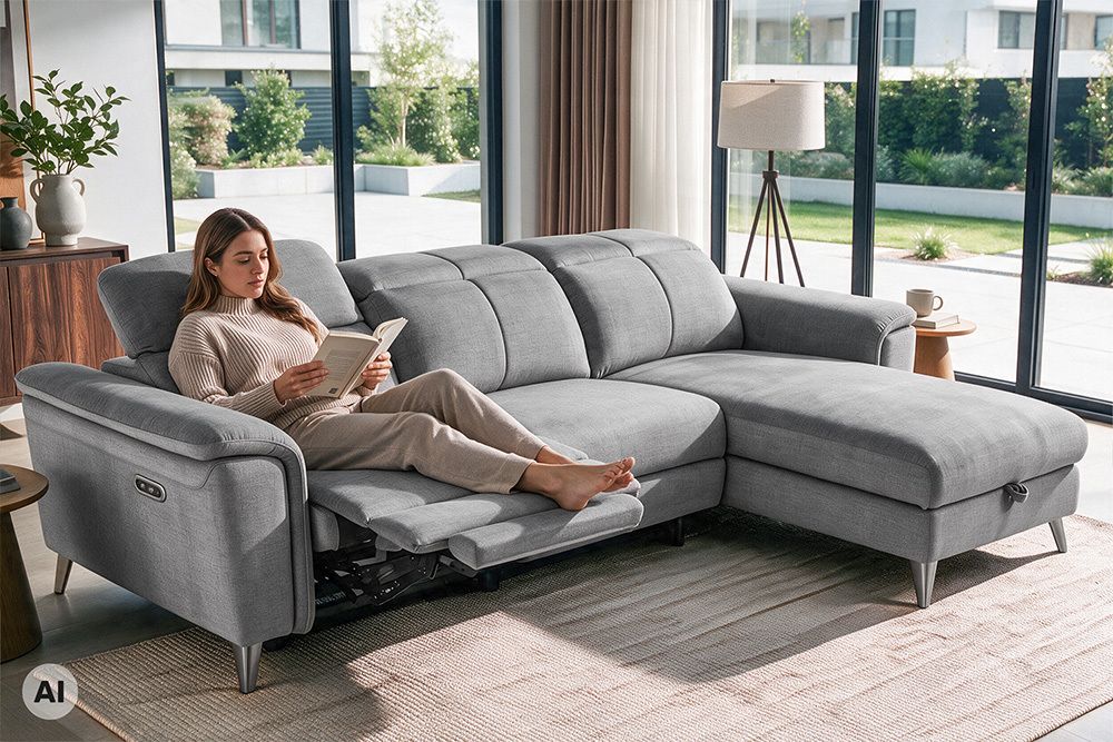 3-Sitzer Sofa IMPERIA 255cm grau Vogue Seiden Samtstoff elektrische Fußstütze