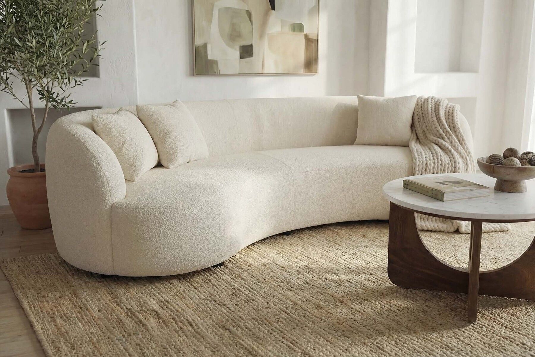 Modernes Sofa ATELIER 230cm beige Bouclé 3-Sitzer Couch inkl. Kissen