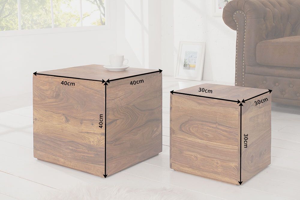 2er Set Beistelltische Würfel MAKASSAR 40cm braun Sheesham Massivholz stone finish
