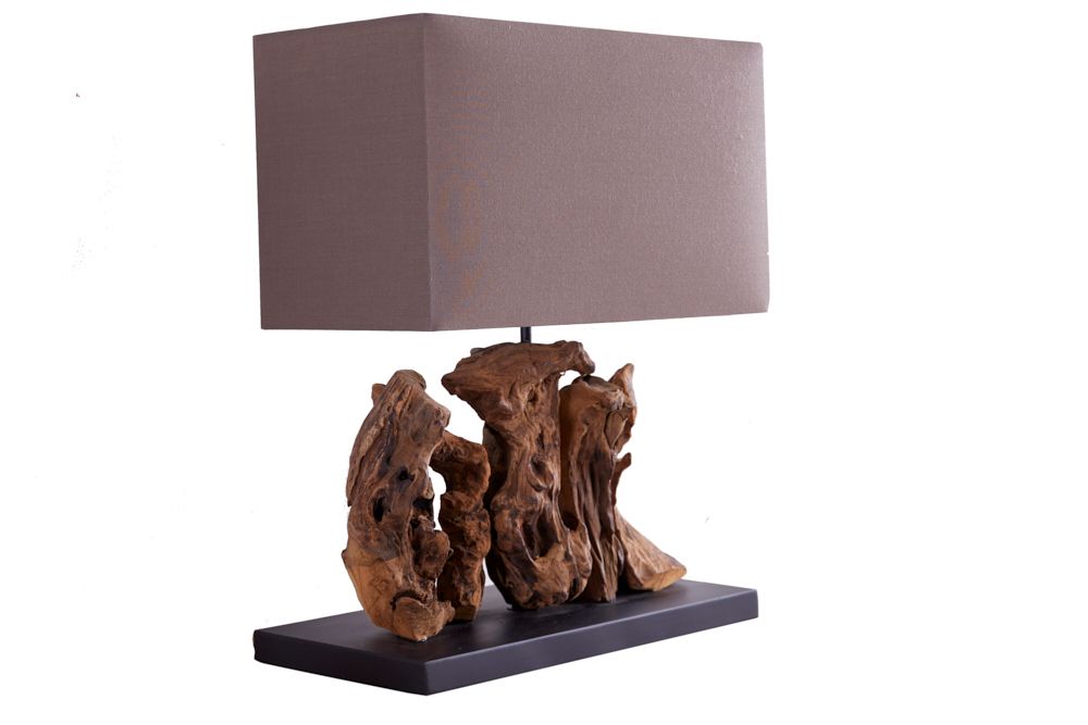 Handgefertigte Tischlampe ARAGON 50cm braun Treibholz-Fuß mit Leinenschirm