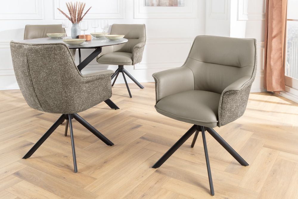 Drehbarer Stuhl LE GRAND taupe Echtleder Strukturstoff schwarzes Metallgestell