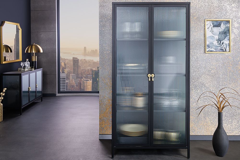 Moderne Vitrine AMSTERDAM 160cm schwarz gold Riffelglas Metall Highboard Schrank