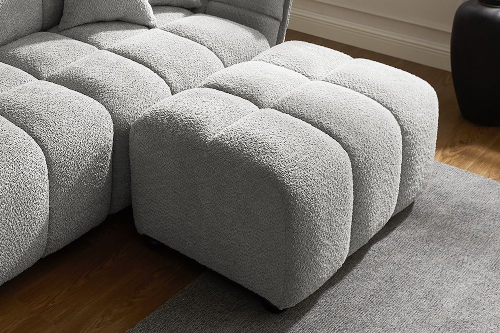 Moderner Hocker CLOUD 100cm grau Bouclé Federkern Fußhocker Sitzhocker