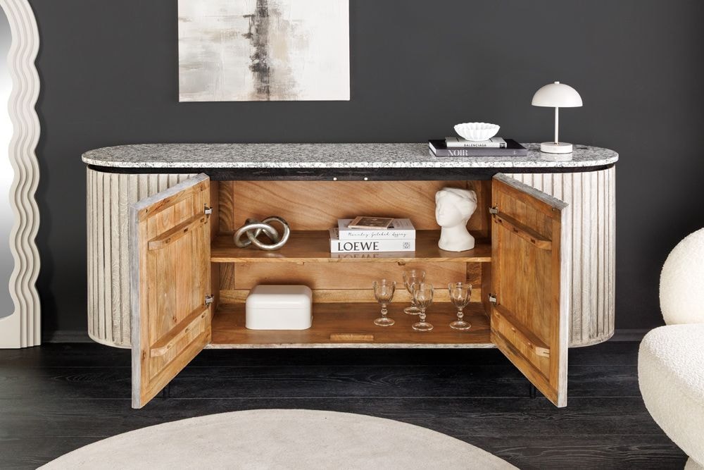 Massives Sideboard ADLON 170cm grau gebürstet Mangoholz mit weißer Marmorplatte