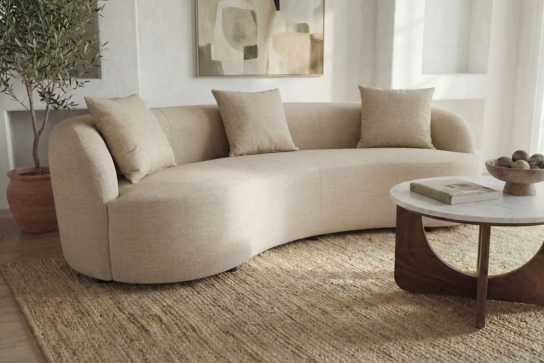 Modernes Sofa ATELIER 230cm beige Samt 3-Sitzer Couch inkl. Kissen