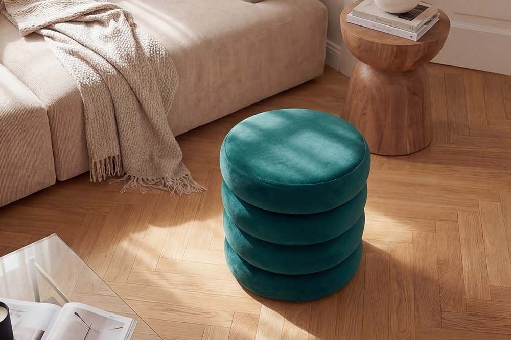 Runder Polsterhocker VOGUE 40cm grün Samt mit Stauraum