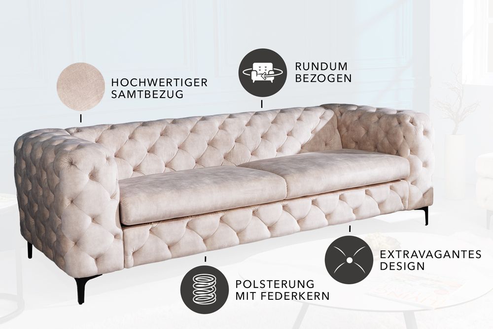 Chesterfield 3-Sitzer Sofa MODERN BAROCK 235cm champagner beige Samt Federkern
