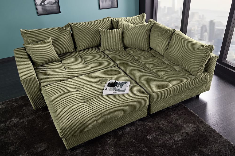 Modernes Ecksofa KENT 220cm grün Cord inkl. Hocker Federkern L-Form Wohnlandschaft