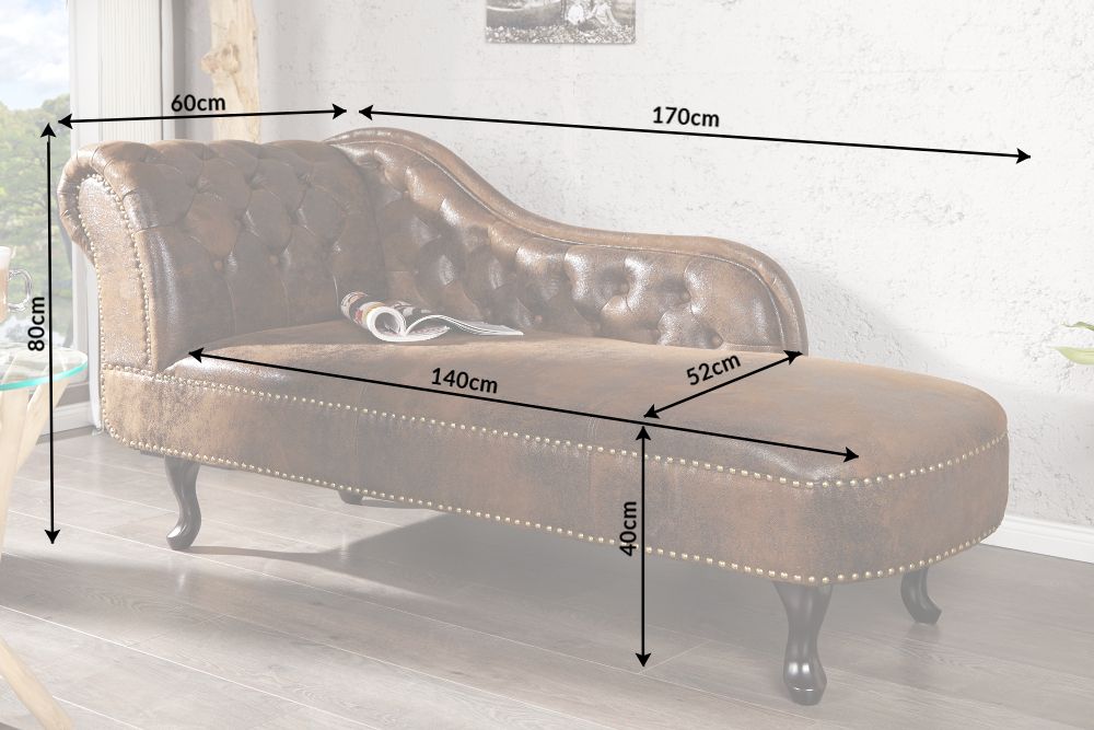 Chesterfield Récamière 170cm antik braun mit Knopfheftung und Nietenbesatz