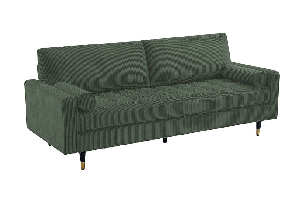 3er Sofa COZY VELVET 220cm grün Cord schwarze Füße mit goldener Kappe