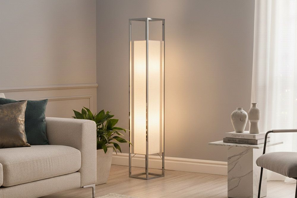 Moderne Stehlampe AGAPUNE 120cm weiß silber mit Papierschirm und Edelstahlgestell