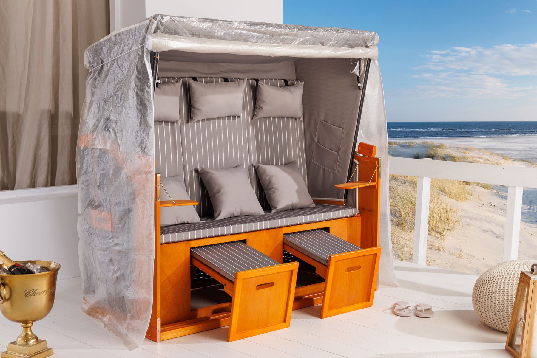 Wetterfeste XXL Strandkorbhülle OSTSEE transparent mit Reißverschluss für 3-Sitzer