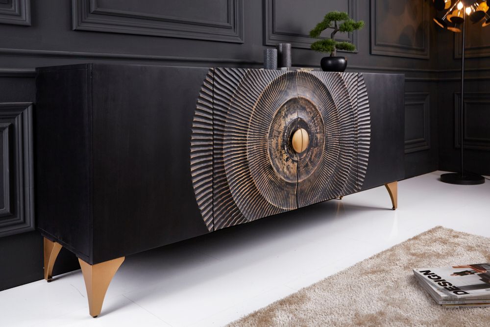 Handgearbeitetes Sideboard GOLDEN SUNSET 180cm schwarz mit 3D Schnitzereien gold Mangoholz Metallbeine