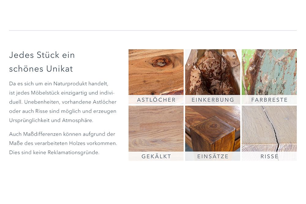 Massiver Esstisch BARRACUDA 180cm antik Teak Holz mit Stahl Kufenfüßen inkl. Glasplatte