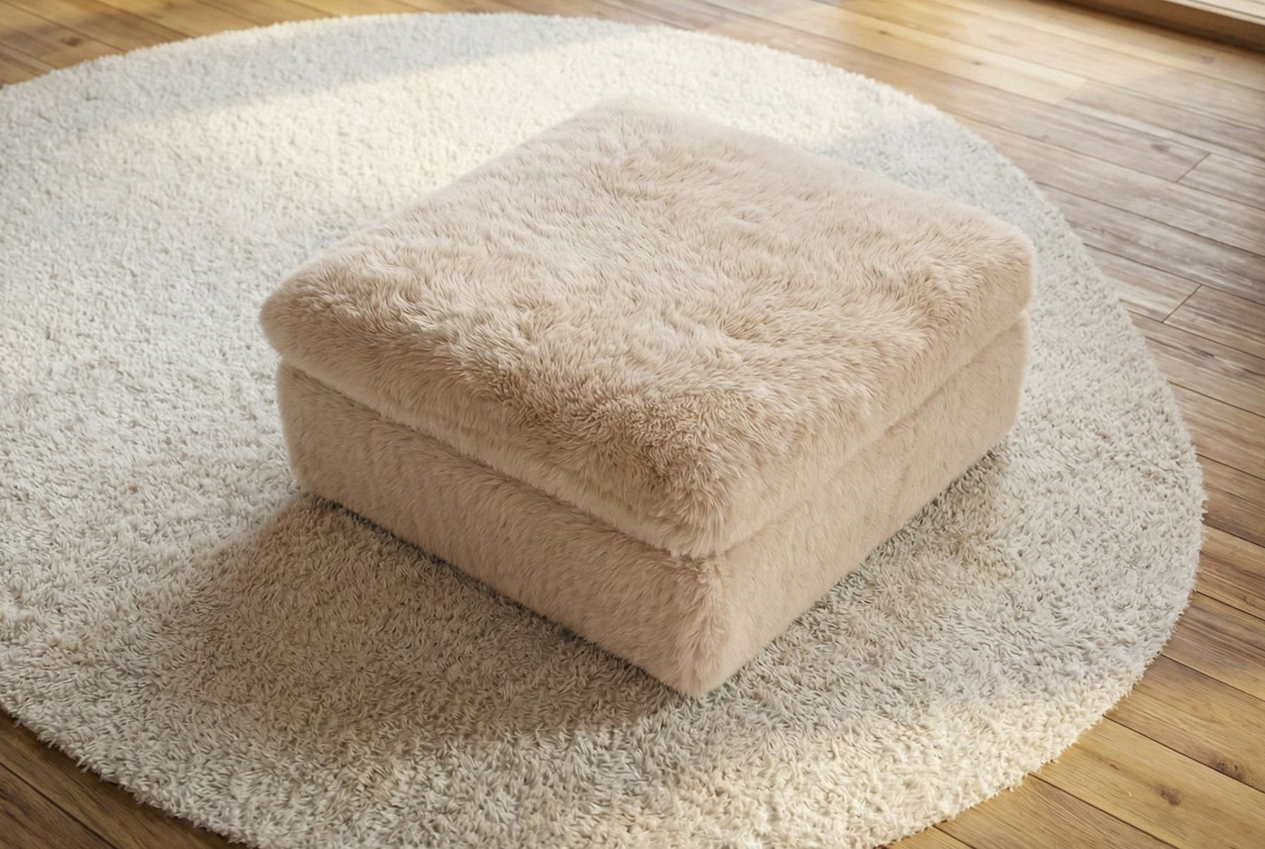 Großer Sitzhocker YETI 100cm beige sand Shaggy-Stoff langfloriger Plüsch Sofahocker