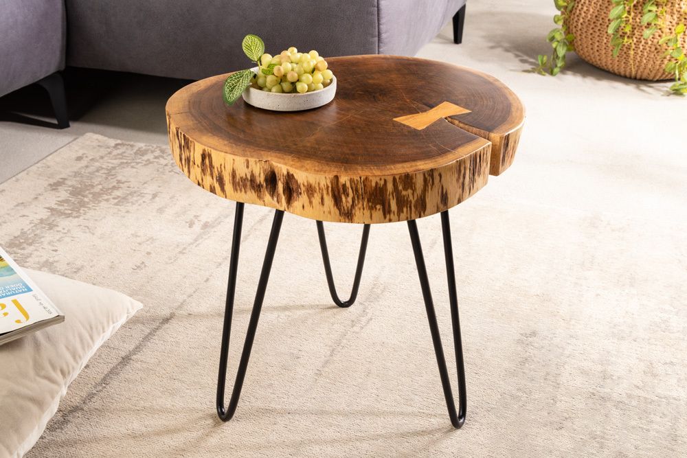 Industrial Beistelltisch GOA 40cm natur Akazie Massivholz Baumstamm rund Hairpin Legs