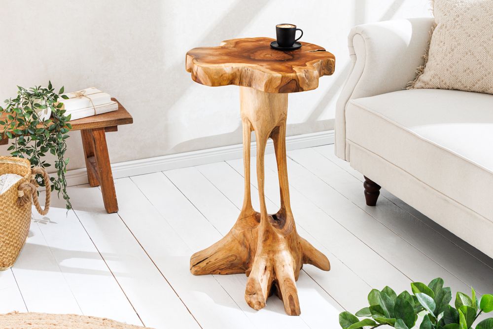 Massivholz Beistelltisch ROOT 70cm natur Teak aus Wurzelholz im Stelzen-Design » Jetzt kaufen