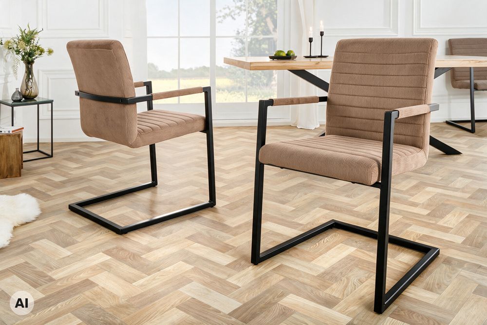 Industrial Freischwinger LOFT taupe Cord schwarz Eisen mit Armlehne