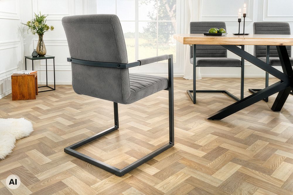 Industrial Freischwinger LOFT grau Cord schwarz Eisen mit Armlehne
