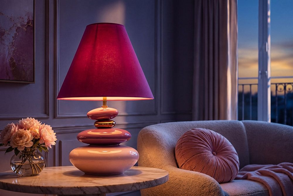 Dekorative Tischlampe STONES OF ECSTASY 60cm pink rosa gold mit Stoffschirm rund