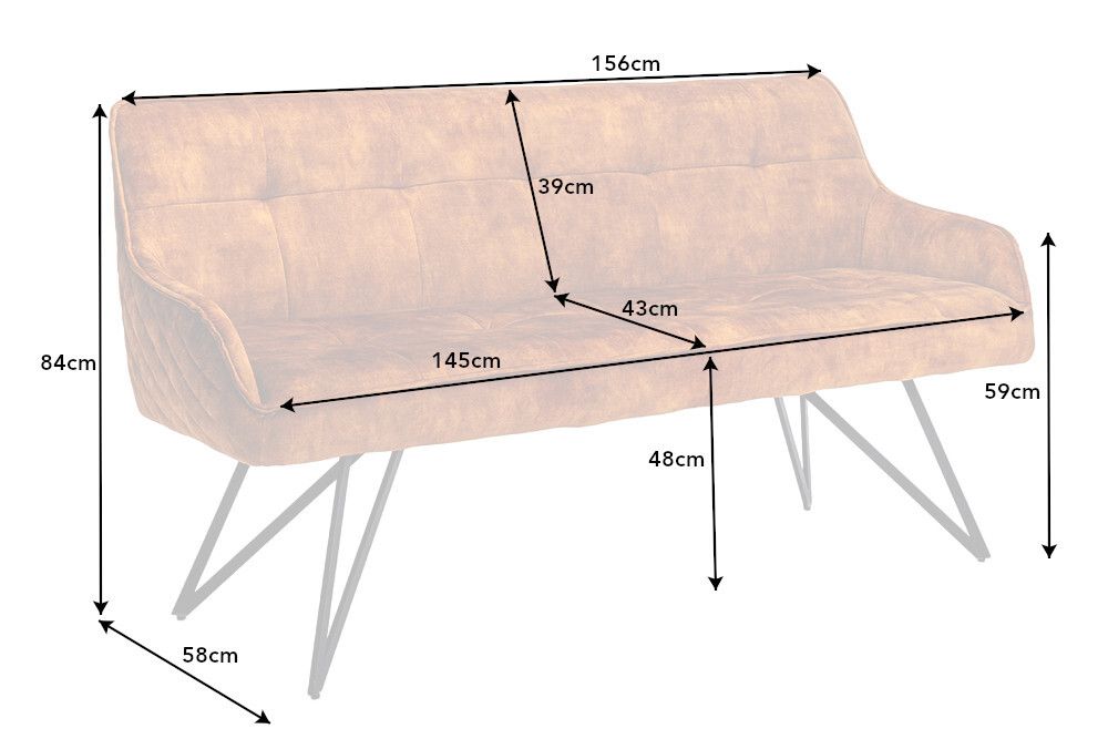 Design Sitzbank EUPHORIA 160cm senfgelb Samt Retrostil Ziersteppung Hairpin Legs Metallbeine Armlehnen