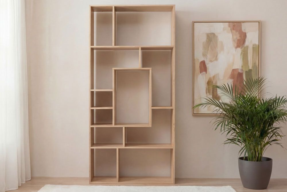 Massives Bücherregal CUBUS 180cm natur Mangoholz cream finish elf Fächer