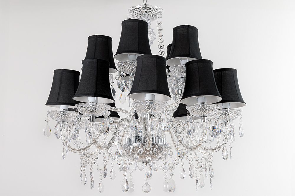 Design Kronleuchter CRYSTAL XL 80cm klar Acryl 15-armig Lüster schwarz mit Schirmen
