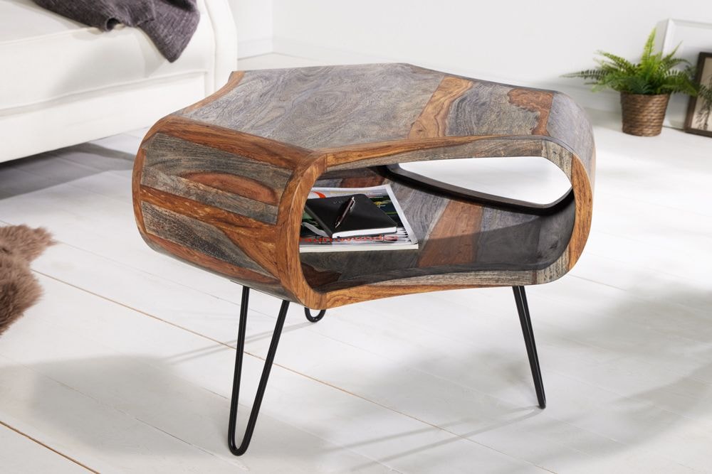 Retro Couchtisch ORGANIC LIVING 70cm grau Sheesham Massivholz mit Stauraum Hairpin Legs