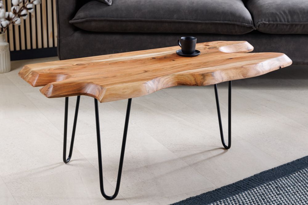 Massivholz Couchtisch WILD 100cm Akazie natur Hairpin Legs Baumkante