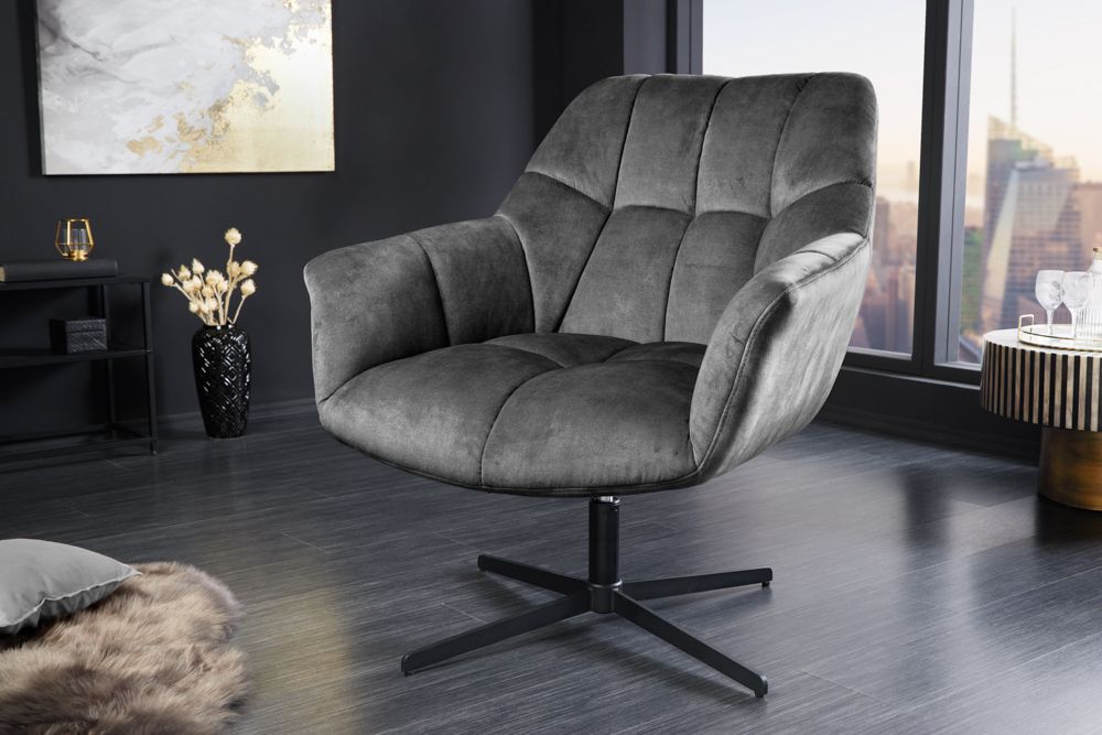 Drehbarer Sessel PAPILLON grau Samt schwarz Metall höhenverstellbar mit Armlehne