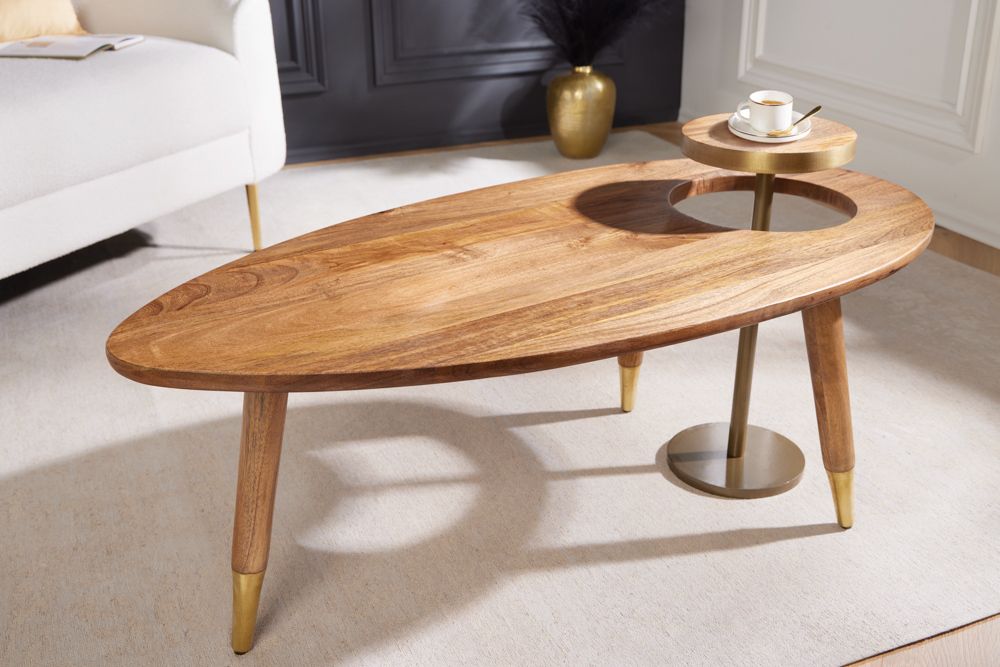 Massivholz Couchtisch GATSBY 110cm braun gold Mango oval rund Beistelltisch 2er Set Retro Design