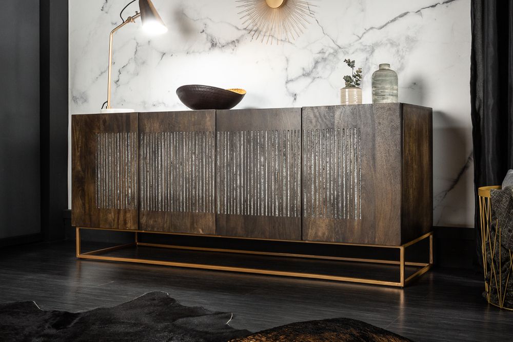 Massives Sideboard ONYX 180cm dunkelbraun Mangoholz Edelstein Achat gold Metallgestell