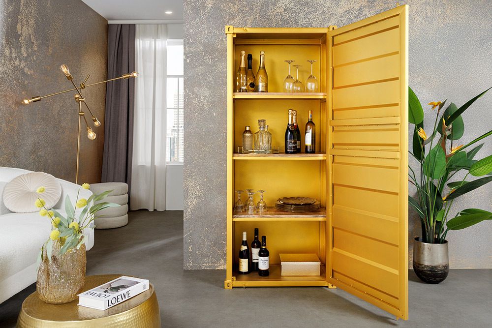 Design Aktenschrank GLOBETROTTER 180cm gold Eisen Container Upcycling Highboard