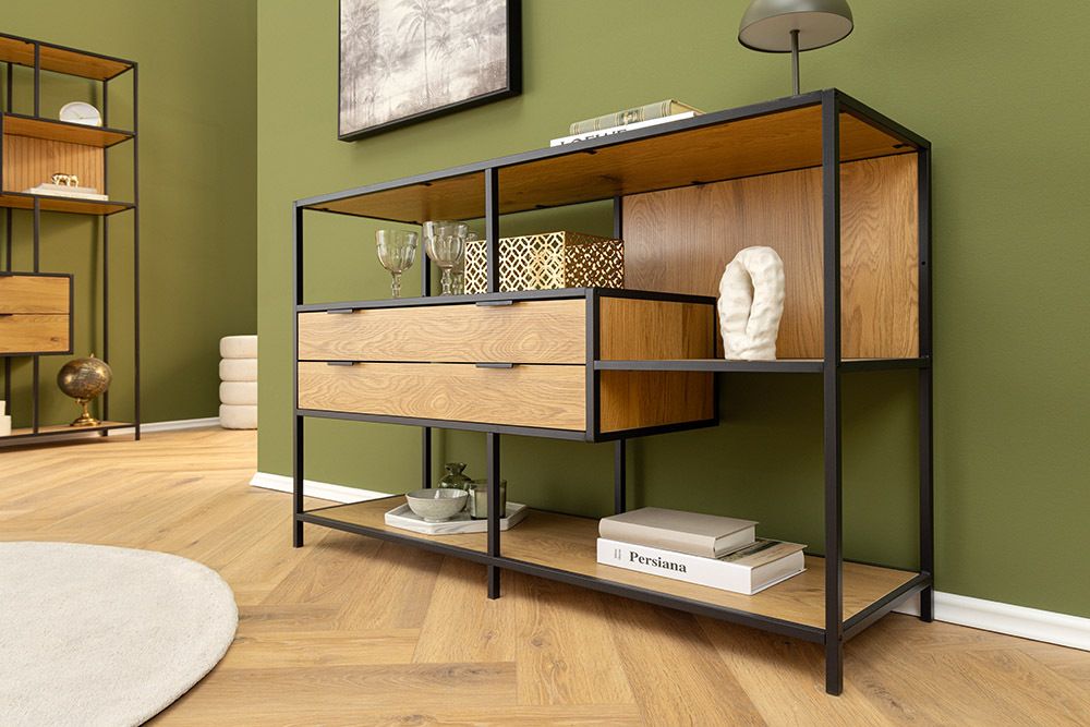 Industrial Bücherregal SLIM LINE 115cm Wildeiche schwarz Metall mit Schubladen