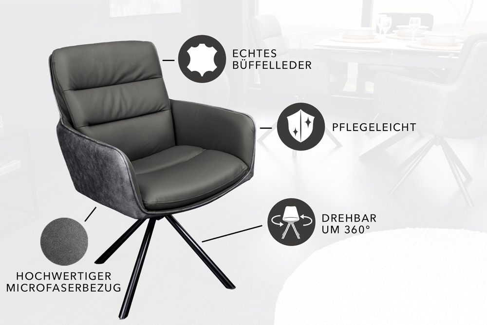 Drehbarer Stuhl BIG GEORGE grau Echtleder Microfaser mit Armlehne schwarze Metallbeine