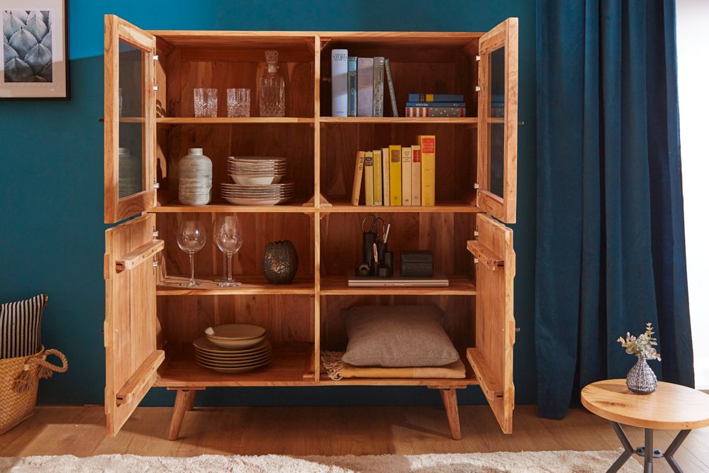 Massivholz Highboard MYSTIC LIVING 140cm Akazie natur Vitrine 3D-Oberfläche