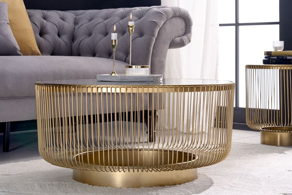 Runder Couchtisch VARIATION 80cm gold Metallgestell Schwarzglas Handarbeit