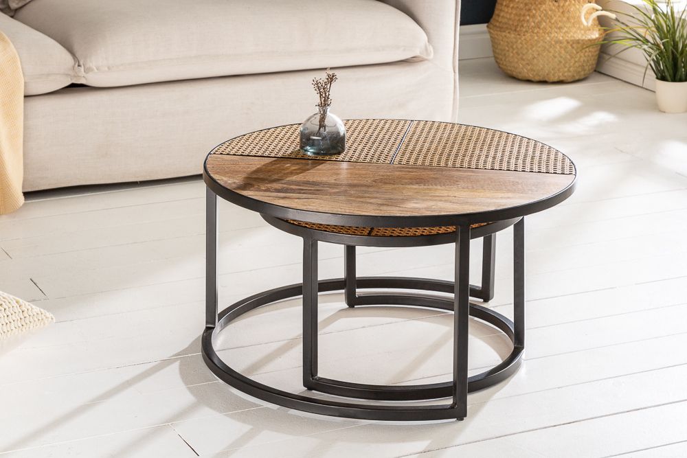 2er Set Couchtisch VIENNA LOUNGE 70cm rund Mangoholz massiv Wiener Geflecht Metall schwarz