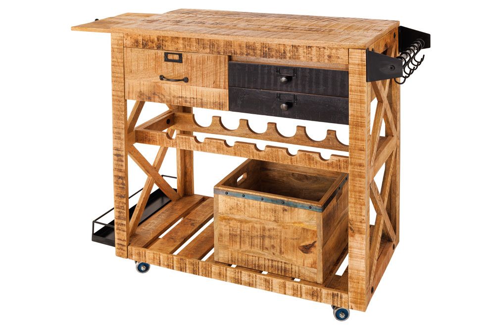Industrial Barschrank BODEGA 86cm Mangoholz Servierwagen mit Weinregal und Aufhängung