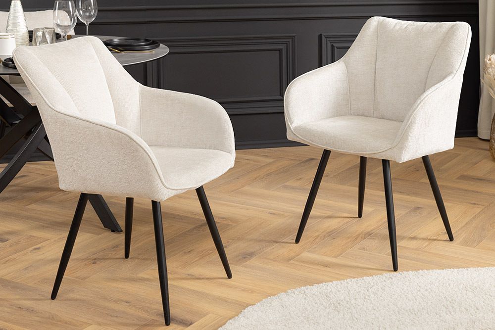 Drehbarer Retro Stuhl AVIGNON beige Chenille schwarze Metallbeine